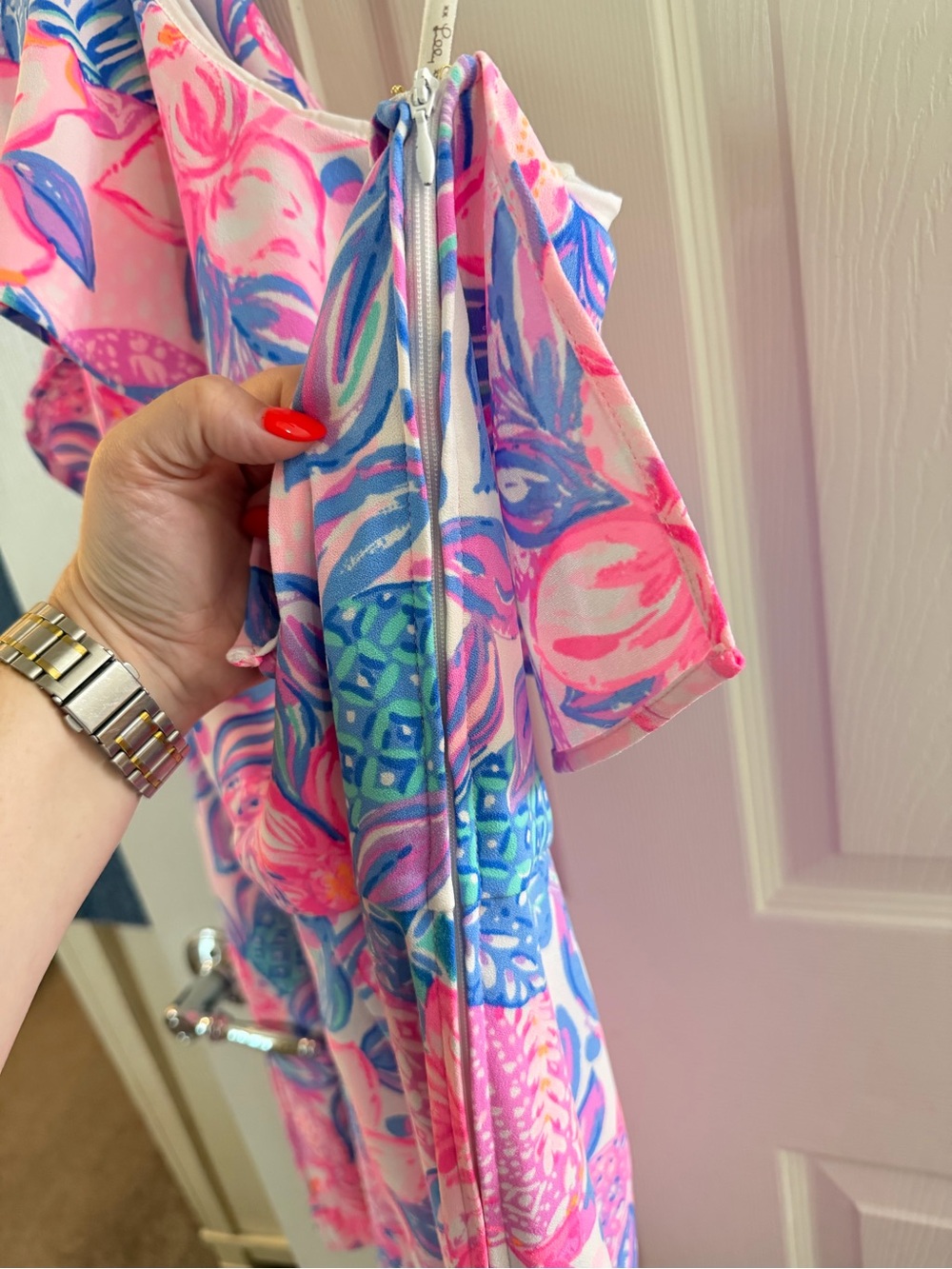 Lilly Pulitzer Pink Floral One-Shoulder Ruffle Shift Dress - Picture 10 of 10